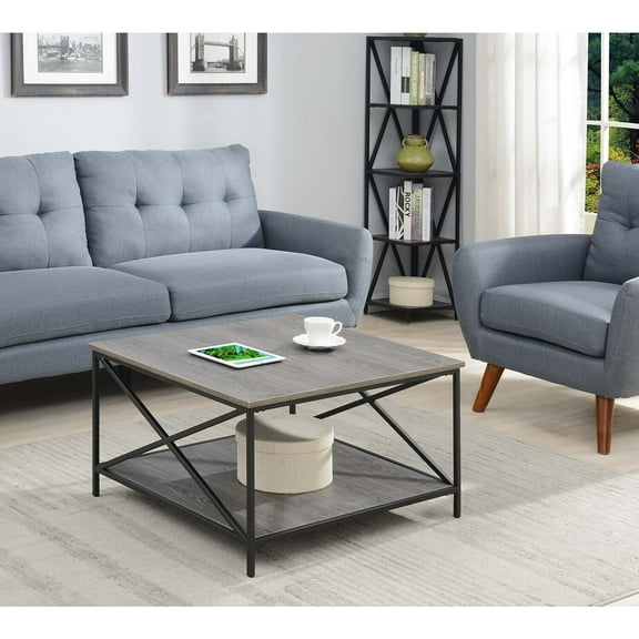 Metal Coffee Table Square Modern Living Room Table with Shelf, Gray/Black Finish