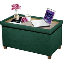 30 Inches Storage Ottoman Bench, Storage Bench with Wooden Legs for Living Room Ottoman Foot Rest Removeable Lid for Bedroom End of Bed, Linen Fabric Green Color