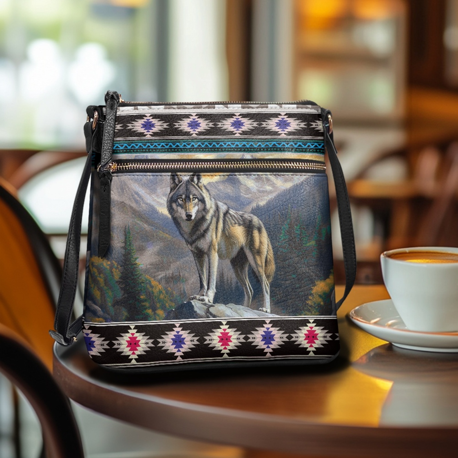 LedBack Wolf Print Women Crossbody Bags Leather Hobo Purse Aztec Sling Satchel Purse Multi Pockets Shoulder Handbag with Adjustable Strap for Travel Shopping, Blue