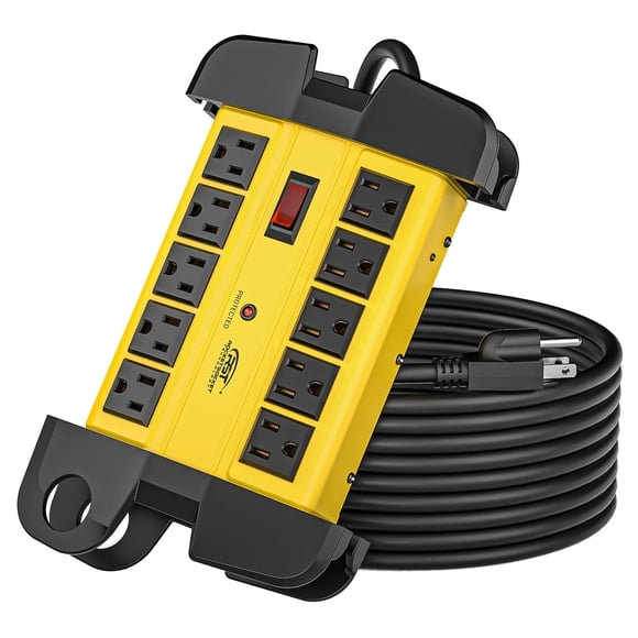 CRST Regleta de alimentación industrial de metal con 10 tomas de corriente con protector contra sobretensiones de alta resistencia con 2800 julios, disyuntor de 15 A, calibre 14 para taller, garaje, o