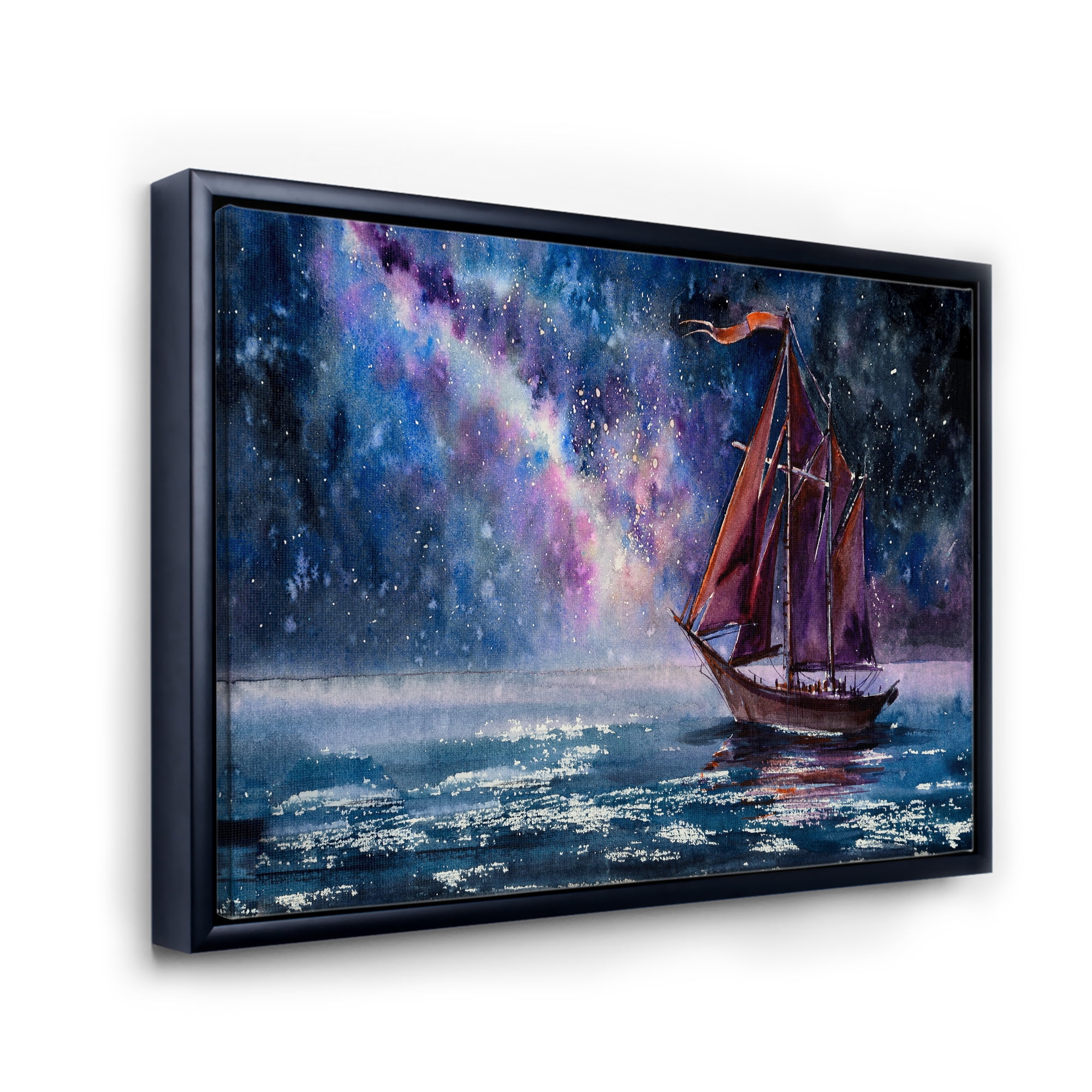 Designart 'Red Sails & Bright Night Sky With Wooden Sailboat' Nautical & Coastal Framed Canvas Wall Art Print