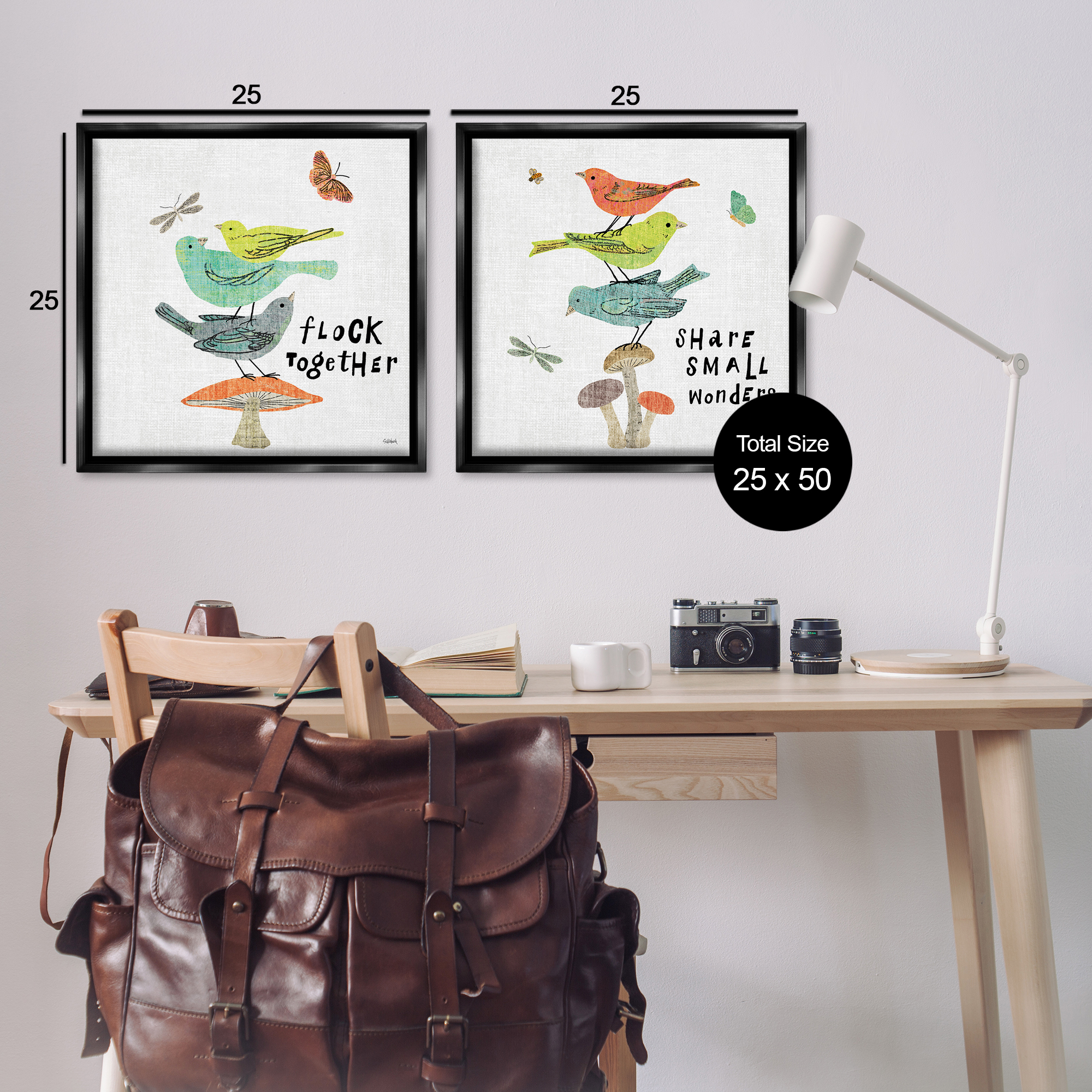 Stupell Industries Flock Together Share Birds Animals Painting Black Floater Framed Canvas Art Print Wall Art, 25 x 25, Set of 2