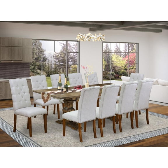 East West Furniture LAEL11-88-05 11-Pieces Table Set - A Butterfly Leaf Double Pedestal Dining Table And 10 Grey Linen Fabric Dining Chairs With Button Tufted Back - Antique Walnut Finish