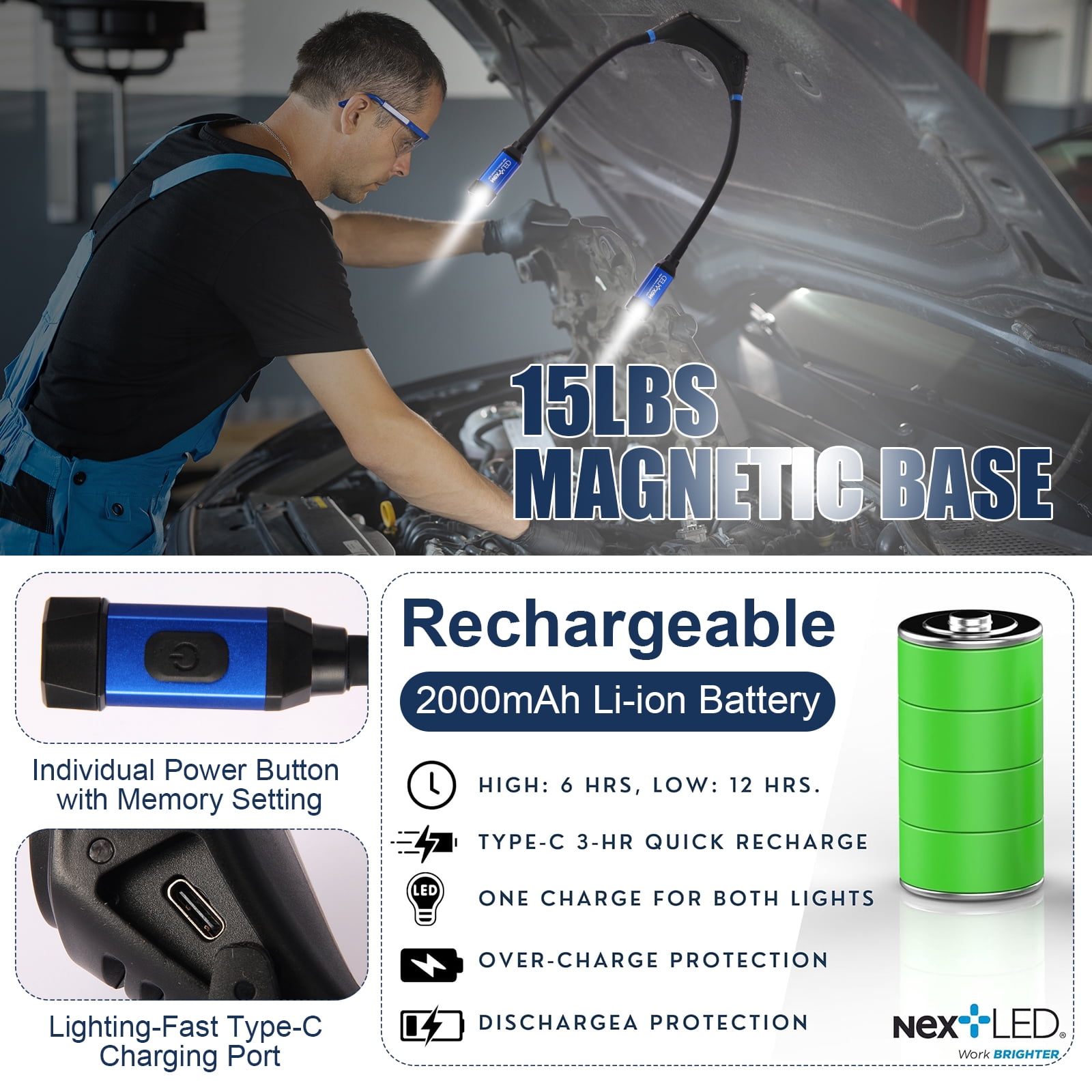 NextLED NT-6633 Heavy Duty Rechargeable Neck Light with Magnetic Base, IPX4, 2000mAh Battery, LED Mechanic Neck Light Hands Free, Flexible Around The Neck Flashlight, Neck Work Light Rechargeable