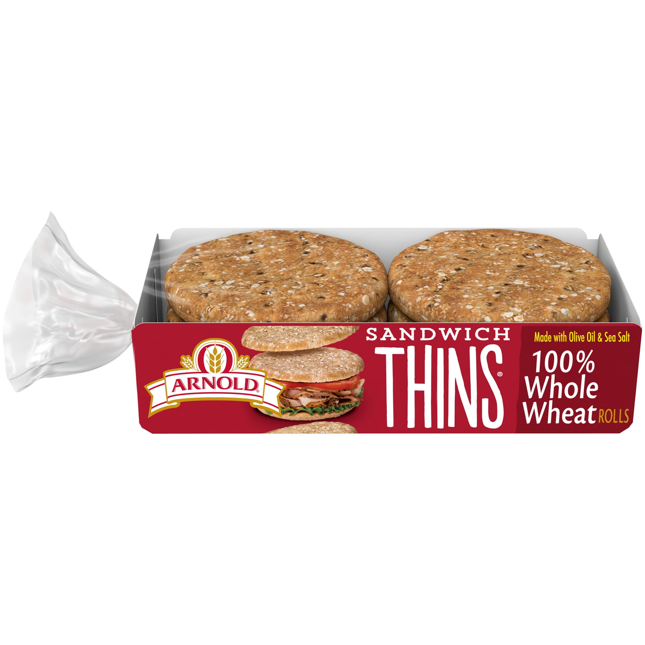 Arnold Sandwich Thins Whole Wheat Rolls, 6 count, Pre-sliced Sandwich Thins, 12 oz Bag