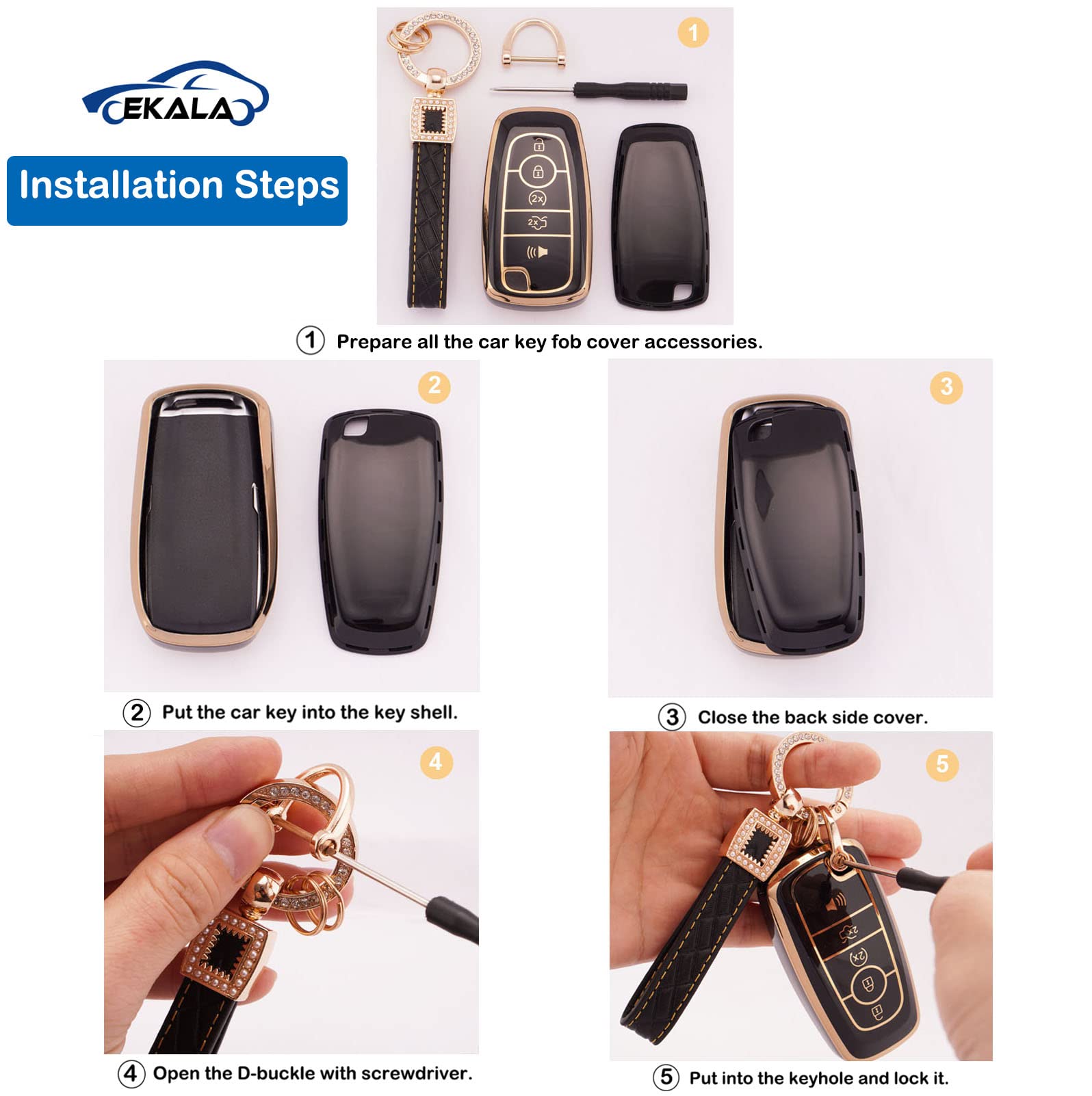 Premium Leather and TPU 5-Button Key Fob Protector with Keychain for Ford F150 Explorer Mustang Fusion Edge Escape Expedition Lincoln Black Gold Smart Remote Cover Case
