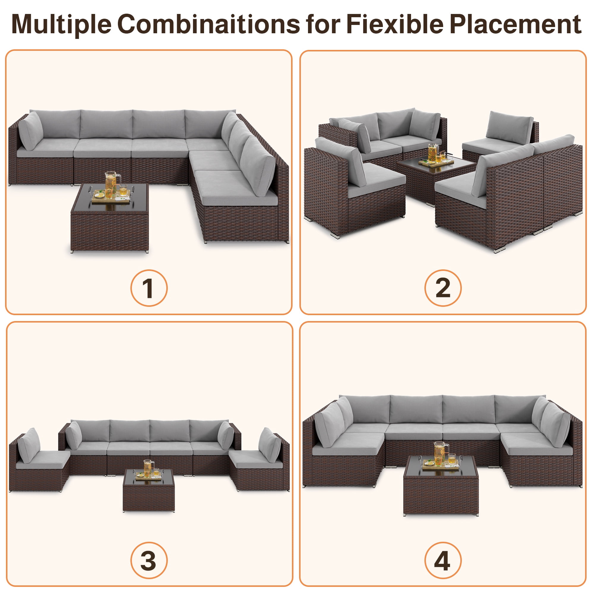 Noelse 7 Piece Outdoor Patio Furniture Set,Outdoor Sectional Furniture Set with Glass Coffee Table, Cushion, for Garden, Porch, Gray