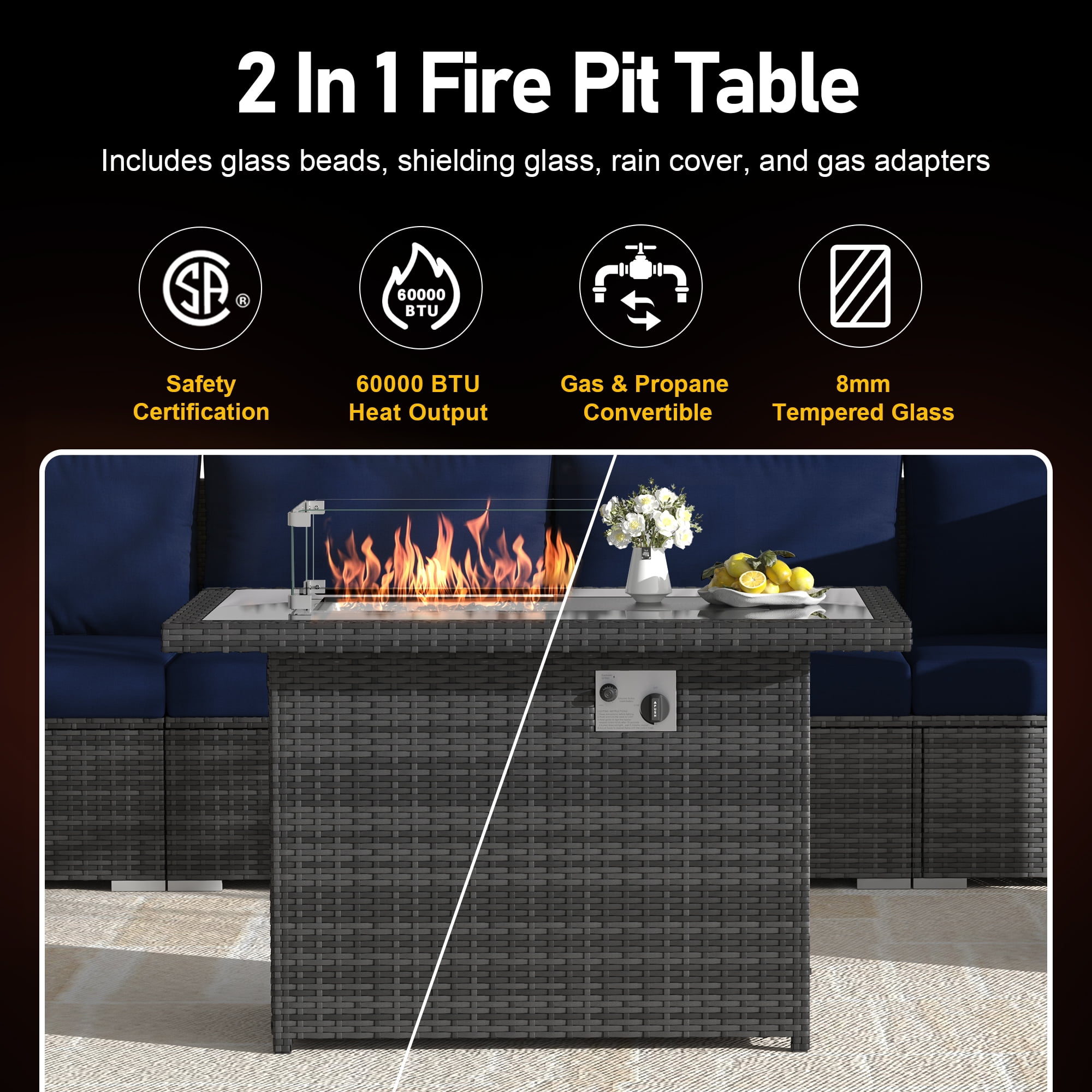 RADIATA 7-Piece Patio Furniture Set with Fire Pit Table, Outdoor Sectional with Fire Pit Table, Patio Couch Set with Fire Pit Table, Patio Furniture Set Outdoor Sectionals,Gray/Navy