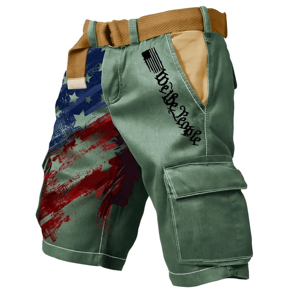 Men's Casual Cargo Shorts, We The People USA Flag Design Multi-Pocket Work Shorts, Summer Daily Wear Trousers Green L