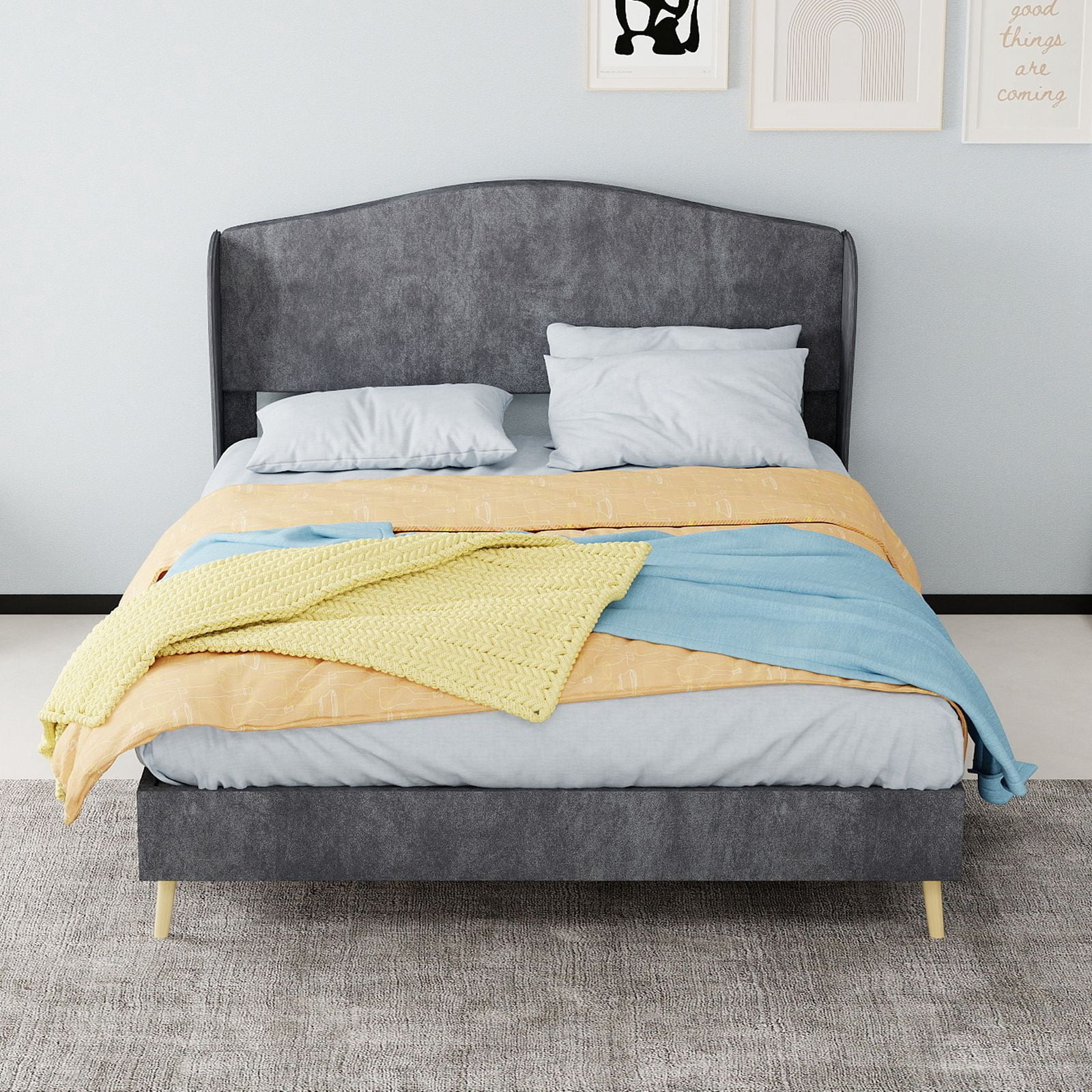 Alvantor Full Size Upholstered Bed Frame with Padded Headboard, Holland Velvet Tufted Noise-Free & Durable Gray