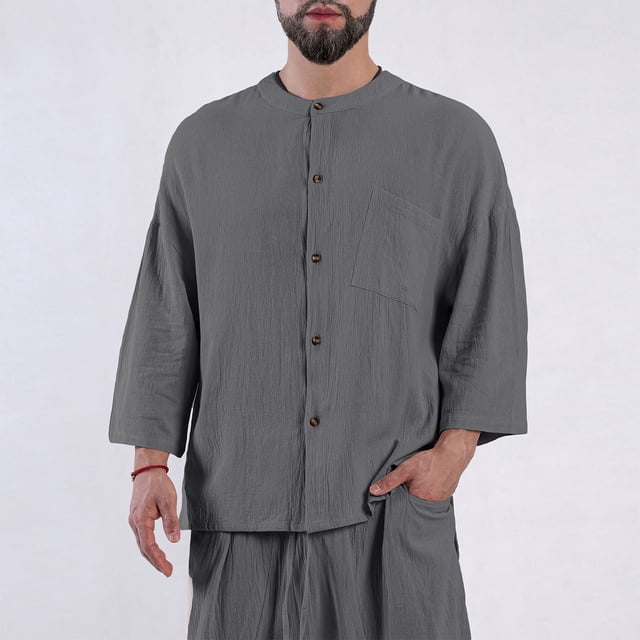 AherBiu Chemises en Lin pour Hommes Manches Longues Col Rond Boutonné Chemise Ample Décontractée T-Shirts de Plage