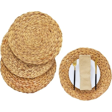 

Boho Round Woven Placemats - Set of 4 Natural Wicker Placemats Water Hyacinth Straw Braided Placemats Heat Resistant Non-Slip Weave Placemats Handmade (11.8 Round)