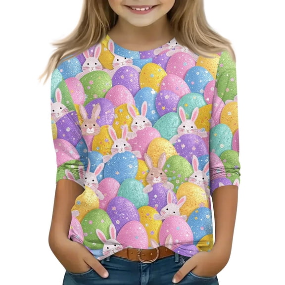 Abcomgle Girls Easter T-Shirt Cute Bunny Egg Tshirts for Girls Crewneck Short Sleeve Shirts for Kids Girls Spring Funny Holiday Top for Girls,Light Purple,9-10Years