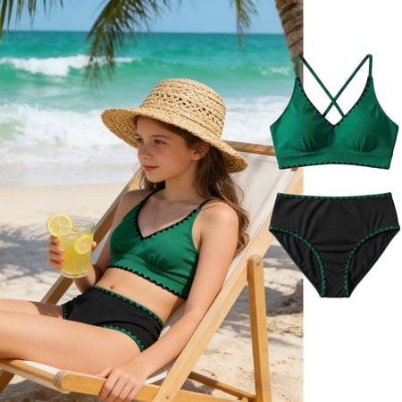 Conairie Bikini Sets For Girls Two Piece Solid Sleeveless Tank Top And Bottom Bathing Suit Outfit Swimsuit Summer Activities Outdoor Beach Swimwear Green 13-14 Y