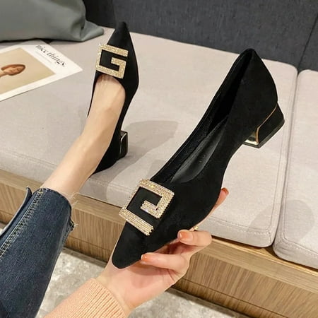 

Spring New Rhinestone Thick Heel Shoes Women‘s Pointed Black plus size Work Shoes Shallow Mouth All-match Professional Shoes Bean Shoes