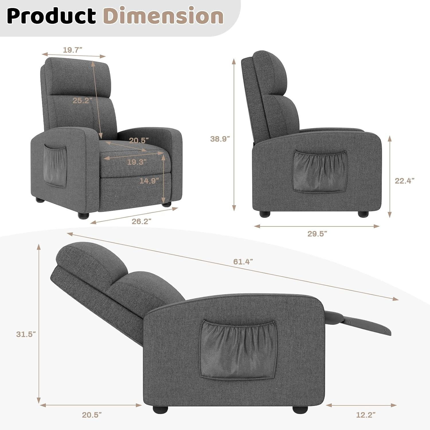 TLSUNNY Recliner Chair with Side Pocket, Adjustable Backrest & Footrest Linen Fabric Sofa, for Living Room,Home Theater
