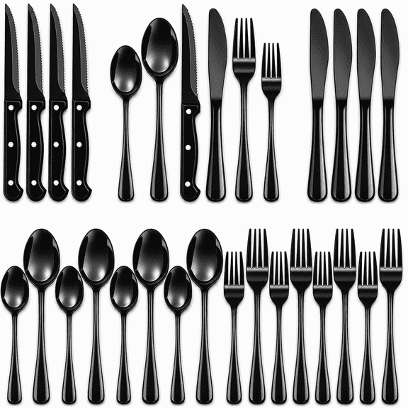 NULAS 24-Piece Silverware Set, Mirror Polish Stainless Steel Flatware Set. Includes Steak Knives, Dishwasher Safe for Home & Restaurant, Gifts, Black.