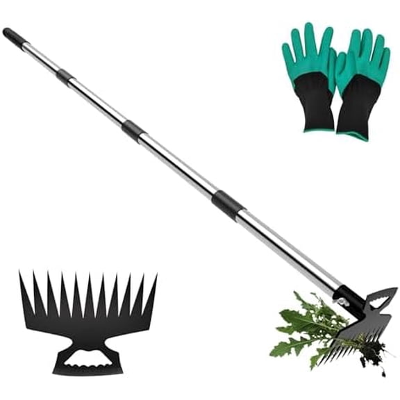 Weeding Puller Tool with Long Handle, 11 Tooth Manual Weed Rake Weeder Remover Tool Gardening with Gloves, Dandelion Gardenia Uprooting Tool for Yard, Lawn, Patio and Garden