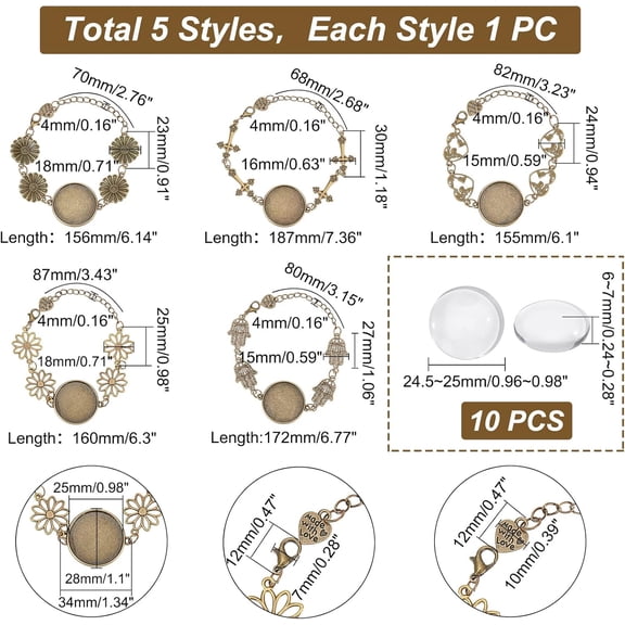1box 5pcs Bracelet Blank Bezel Settings for Jewelry Making Alloy Vintage Retro Cabochon Bracelets Round Cabochon Tray with 10pcs 25mm/1 inch Transparent Cabochons 5 styles Antique Bronze