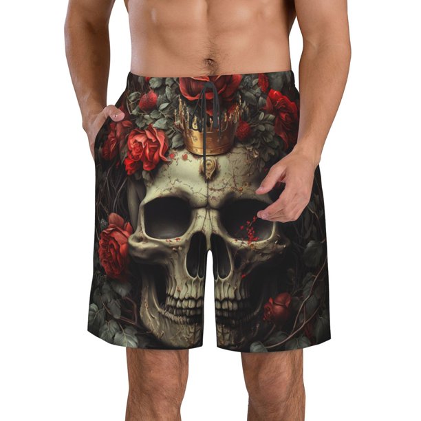 Fotbe Classical Rose Crown Skull Trajes de Baño Estampados para Hombre, Shorts de Verano de Secado Rápido, Ropa de Playa, Bañadores-Small