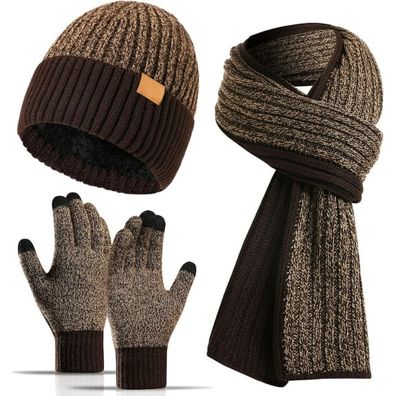 Men's Winter Hat Scarf Gloves Set, 3 PCS Warm Beanie Long Scarf fleece lined Touchscreen Gloves for Cold Weather