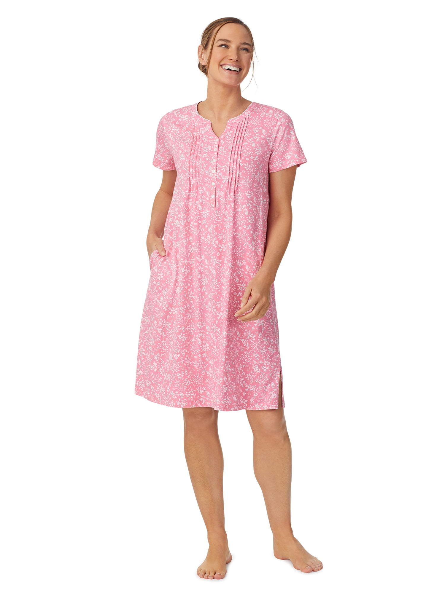 Aria Women’s Short Sleeve Split Neck Henley Nightgown 40”, Sizes XS to 5X