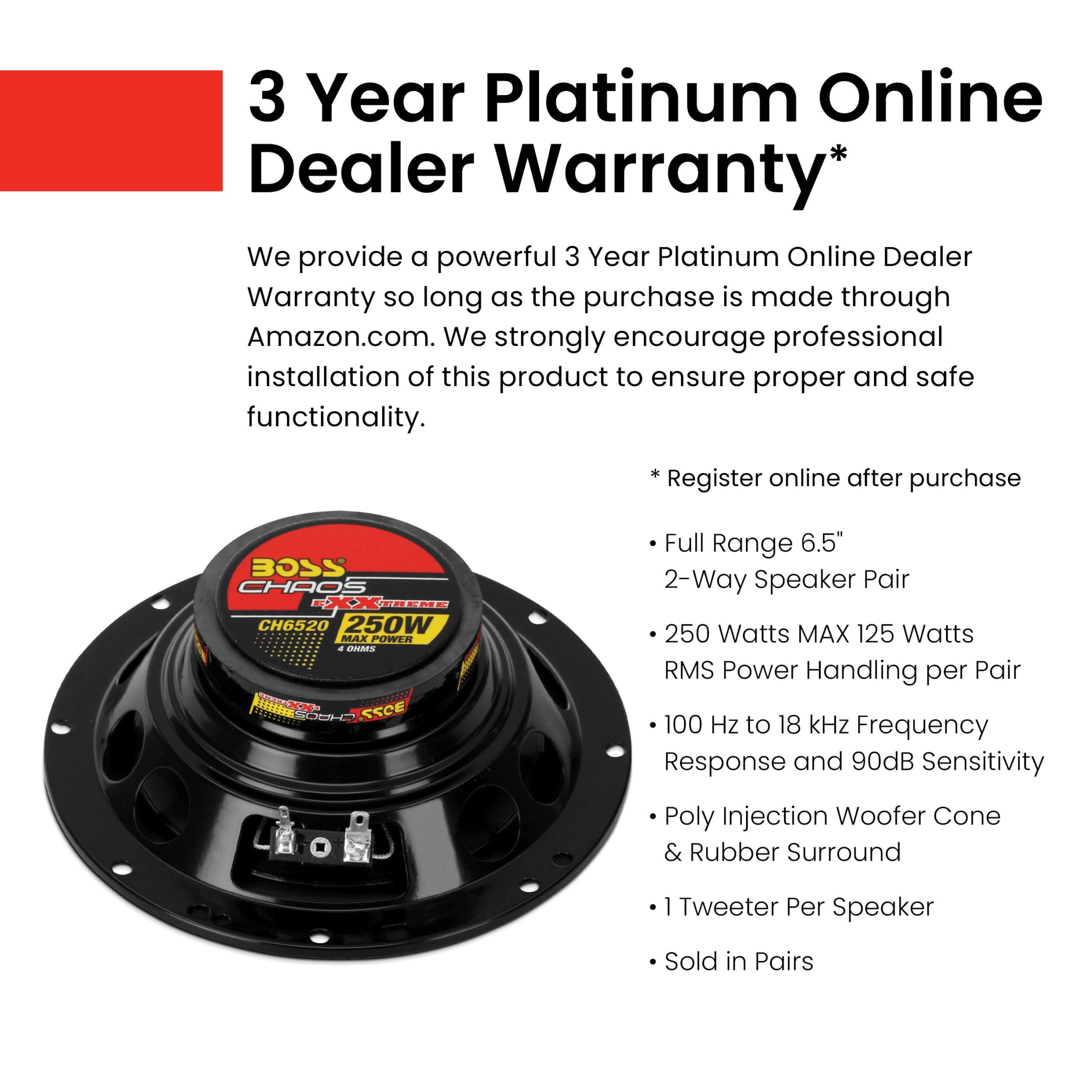 BOSS Audio Systems CH6520 Chaos Series 6.5 inch Car Door Speakers - 250 Watts Max (per pair), Coaxial, 2 Way, Full Range, 4 Ohms, Sold in Pairs, Bocinas Para Carro