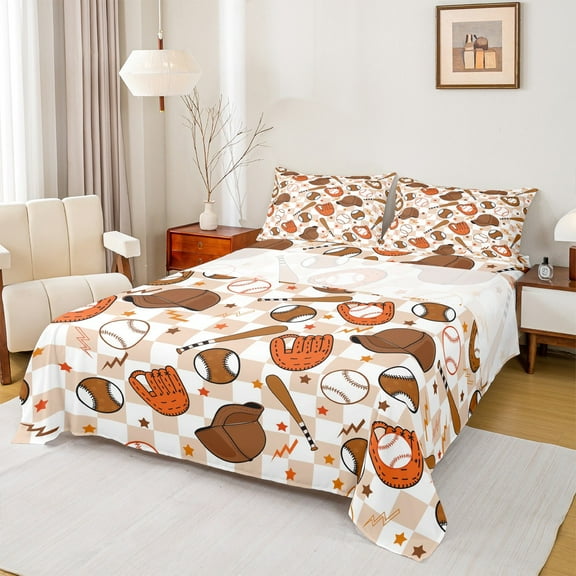 Manfei Cartoon Baseball Kids Twin Sheet Sets, Kawaii Stars Print Twin Fitted Sheet, Buffalo Plaid Flat Sheet, Microfiber Bedroom Decor, 3pcs