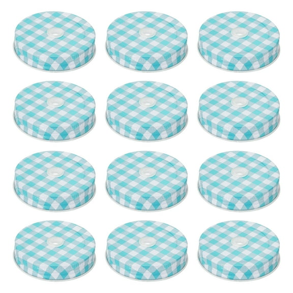 12pcs Mason Jar Lids 2.76" Tinplate Canning Covers with Straw Hole, Blue Gingham