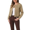 thumbnail image 5 of INSPIRE CHIC Women's Button Down Collarless Long Sleeve Cropped Denim Jacket L Khaki, 5 of 7