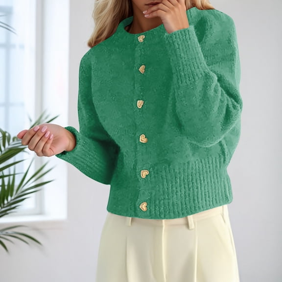 ZHOGXU Women's Cardigan Long Sleeve Open Front Buttons Solid Color Knit Comfortable Loose Fit Coat Jacket For Casual Daily Wear Green One Size