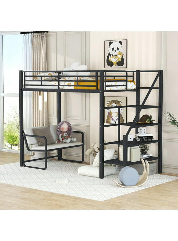 Euroco Metal Twin Loft Bed with Bench and Shelf for Kids Teens Adults, Cushion Included, Black