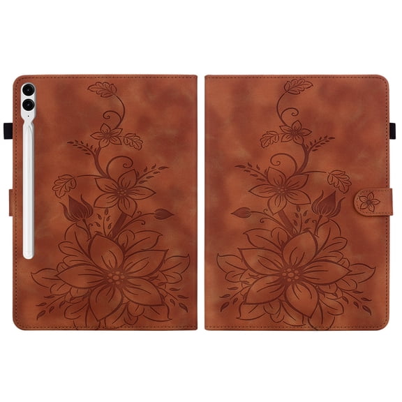 FJLBDE Case for Samsung Galaxy Tab S10 Plus/ S9 FE  12.4 Inch, Embossed Flower PU Leather Flip Wallet Folio Stand Cover, Brown