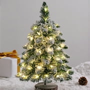 18 Pre-lit Mini Christmas Tree, Snowy Small Xmas Tree with LED Lights, Wood Base Flocked Artificial Lighted Tabletop Christmas Tree for Home Office Desktop Decor