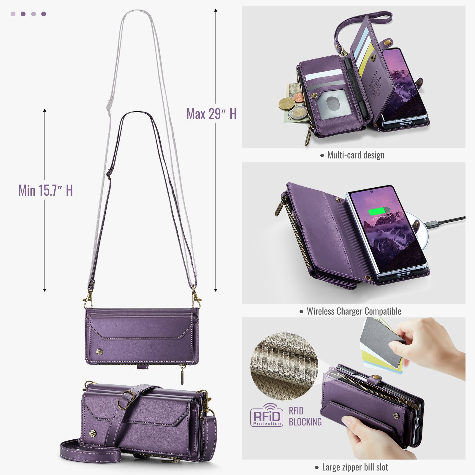 Asuwish Compatible with Samsung Galaxy Z Fold 7 5G 2025 Zipper Wallet Phone Case With pen slot Crossbody Lanyard Strap Flip Card Holder Slot Cell Cover for ZFold7 Z7 G Fold7 7Z Women Girls Purple