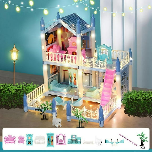 LEEYNEER (E-Commerce Box) Blue 3-Bedroom Lighted Villa - Send Dolls X2 Children‘S Play House Diy Assembly Princess Castle Villa Light Doll House Model Educational Girl Toy