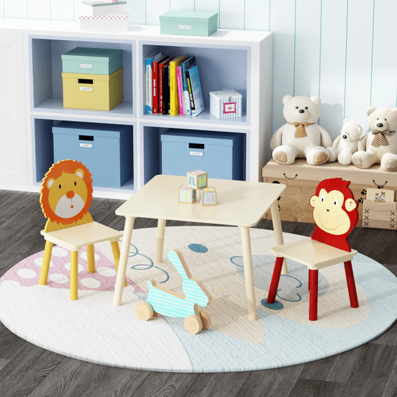 HOYOA Kids Table and 2 Chairs Set, 3 Pieces Toddler Table and Chair Set, Wooden Activity Table Drawing Play Table and Animal Chairs Set for Playroom or Nursery