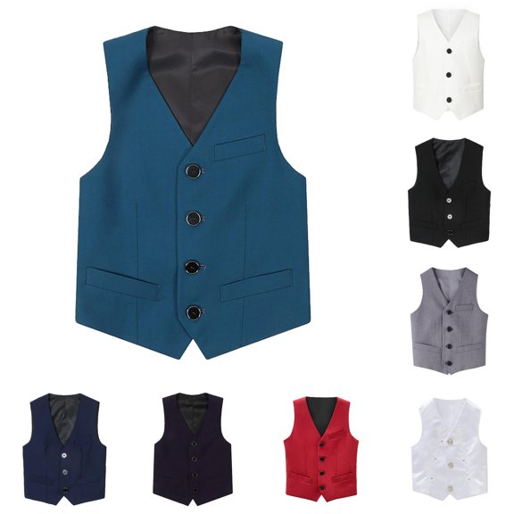Boys Formal Suit Vest, 4-Button Single Sleeveless Waistcoat for Wedding, School Photos and Special Occasion Outfits