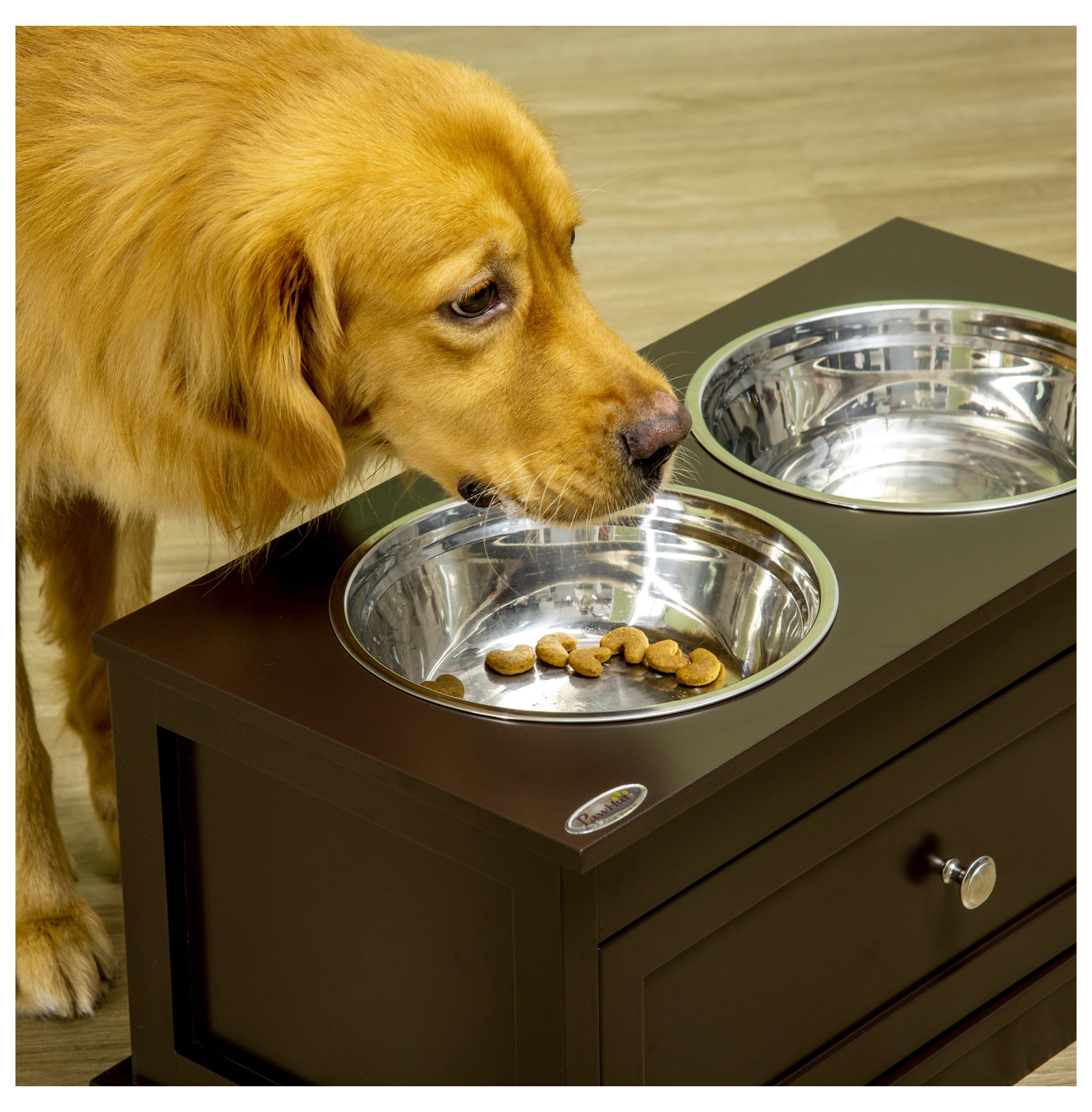 Large Elevated Dog Bowls with Storage, Raised Dog Feeder Stand, Stainless Steel Bowls, 11L Drawer, Pet Feeding Station for Large Dogs, Brown