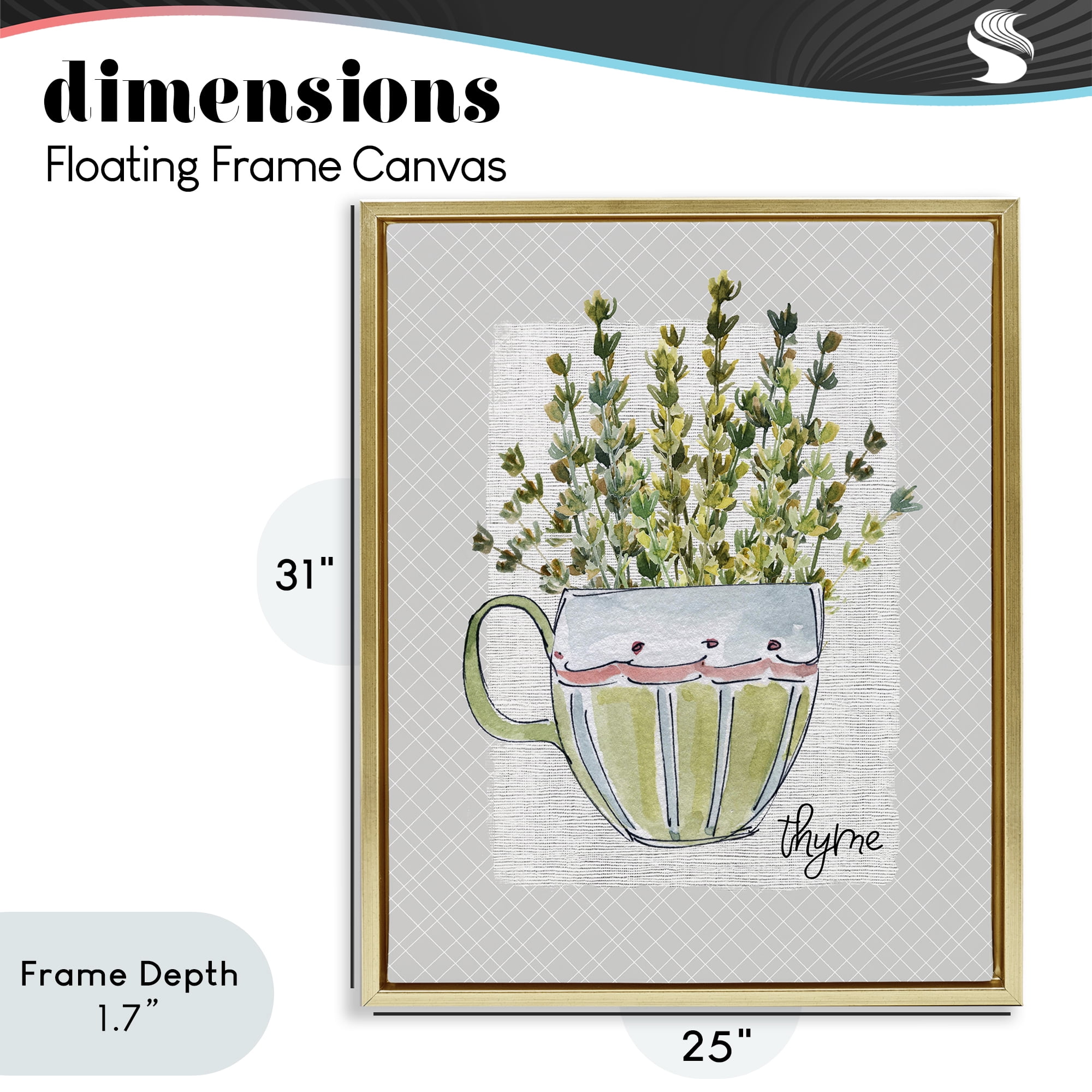 Stupell Industries Thyme Herb Mug Gold Framed Floater Canvas Wall Art, design by Livi Finn