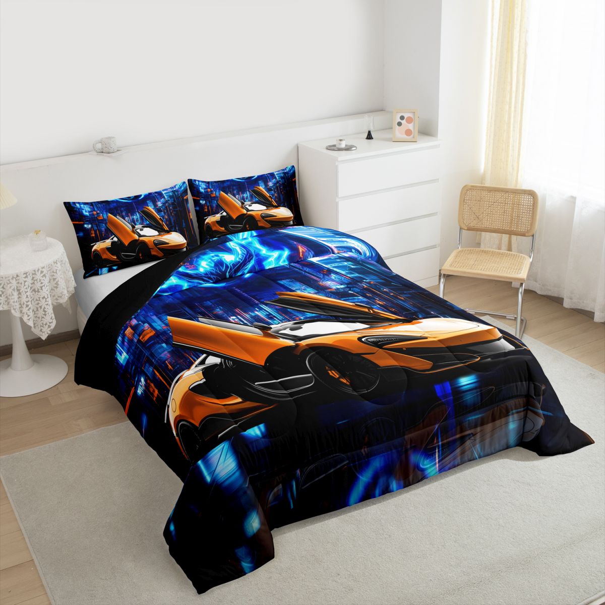 Feelyou Speed Sports Lover Bedding Comforter Set for Child, Fashion Automobile Twin Comforter Sets, Neon Stripes Lines Reversible Bedding Set, Lightweight Room Decor, 2-Piece