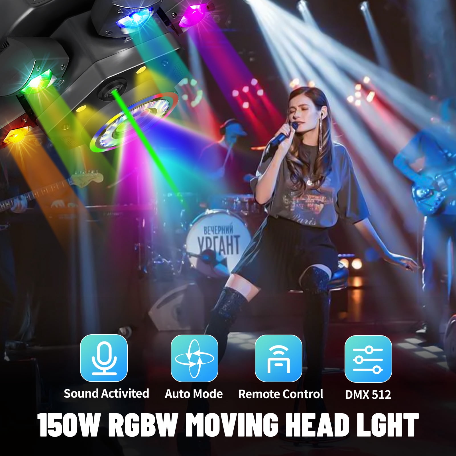 150W Disco Stage Light, 6 Arm RGBW LED  Moving Head DJ Lights  with Mixed Lighting Effects, Sound Activated, DMX 512 Remote Control DJ Lights for Disco Club Wedding Party (Pattern)