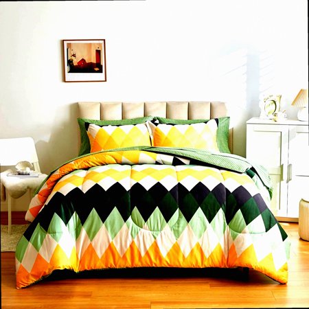 Dream Diamond Rhombus 7-Piece Bedding Set - White Green Yellow Comforter Sheet Collection - Comforter, Shams, Sheets, Pillowcases - Size 1