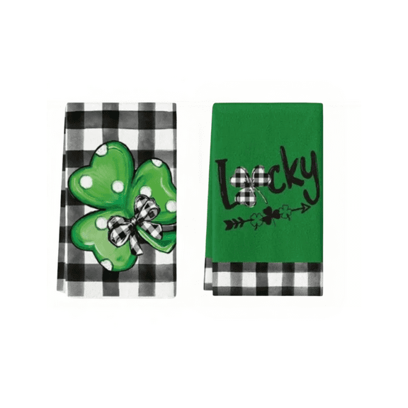 St. Patrick's Day Kitchen Towels, Buffalo Plaid Shamrock Design, Green and Black, Set of 2