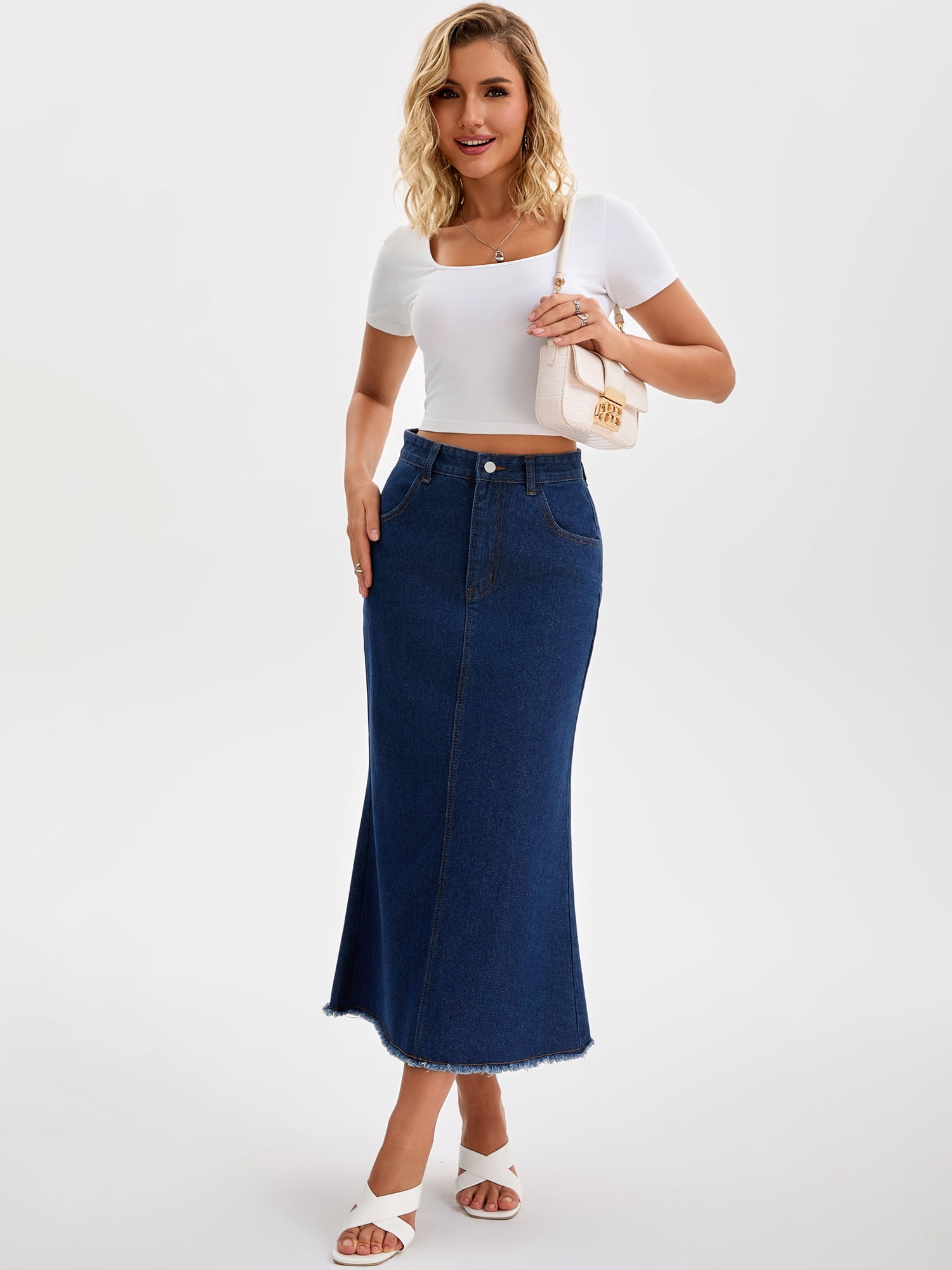 DARING DIVA Women's Denim Maxi A Line Raw Hem Jean Skirt X-Large Deep Blue