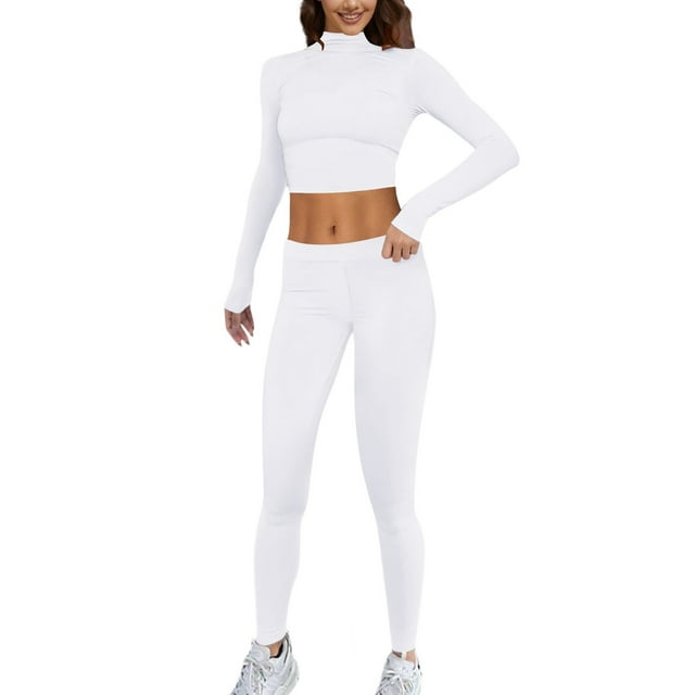 Women Fashion Two Piece Outfit Basic Long Sleeve Crop Top and Low Rise Flare Pants Yoga Tracksuit Set