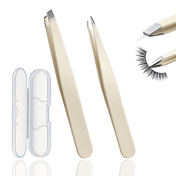 2 Pack Eyebrow Tweezers Set, Slant & Pointed Stainless Steel Tweezers for Eyebrow Shaping, False Lash Application, Facial Hair Plucking with Storage Case
