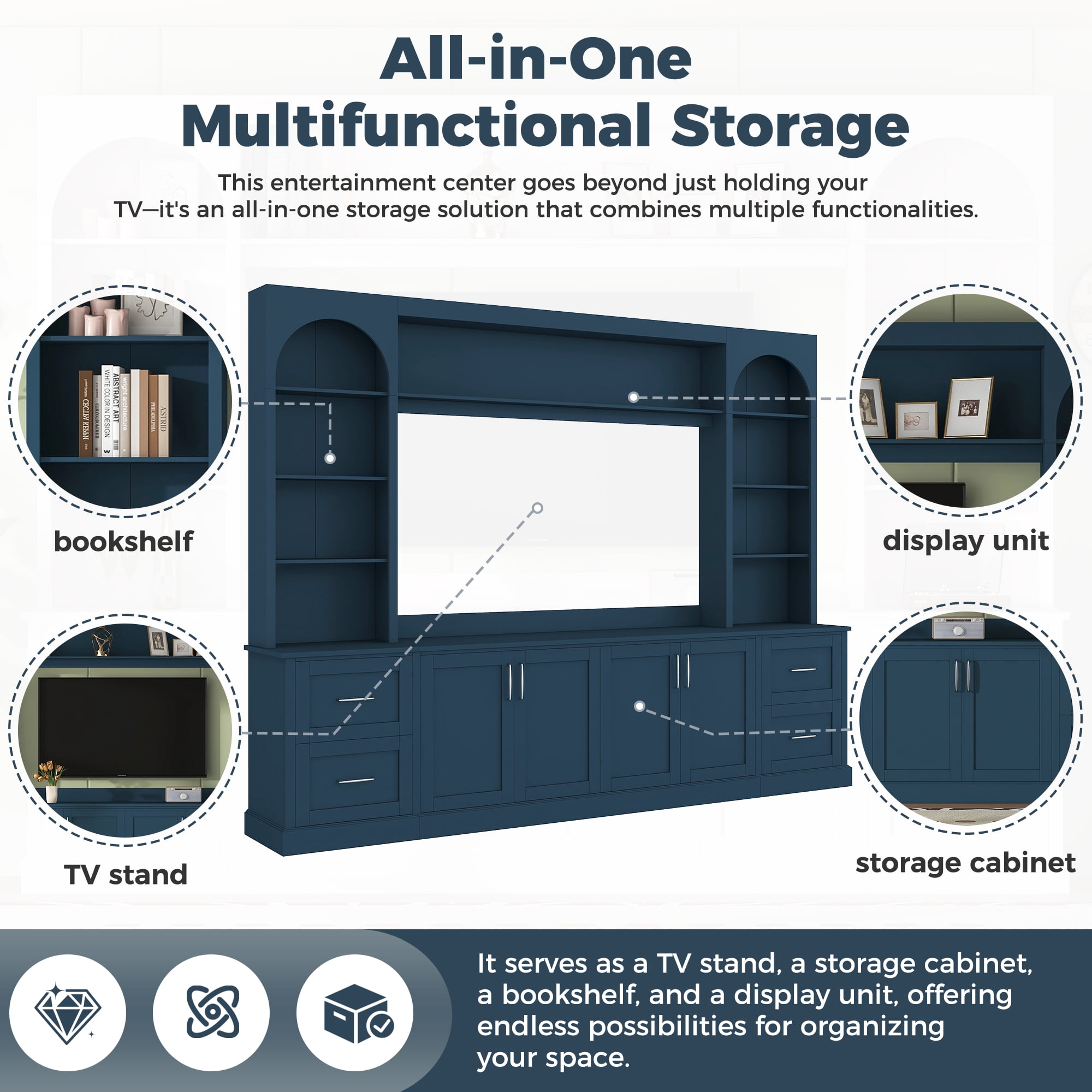 Aukfa 103" W Wall Unit Modern TV Stand for TVs up to 65" - Large Media Entertainment Center with Bookshelves for Living Room, Blue