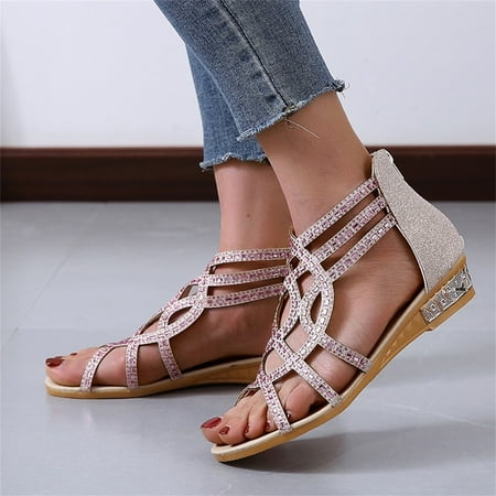 

CHGBMOK Summer Sandals for Women Wedges Open Toe Breathable Sandals Zipper Casual Rhinestones Shoes