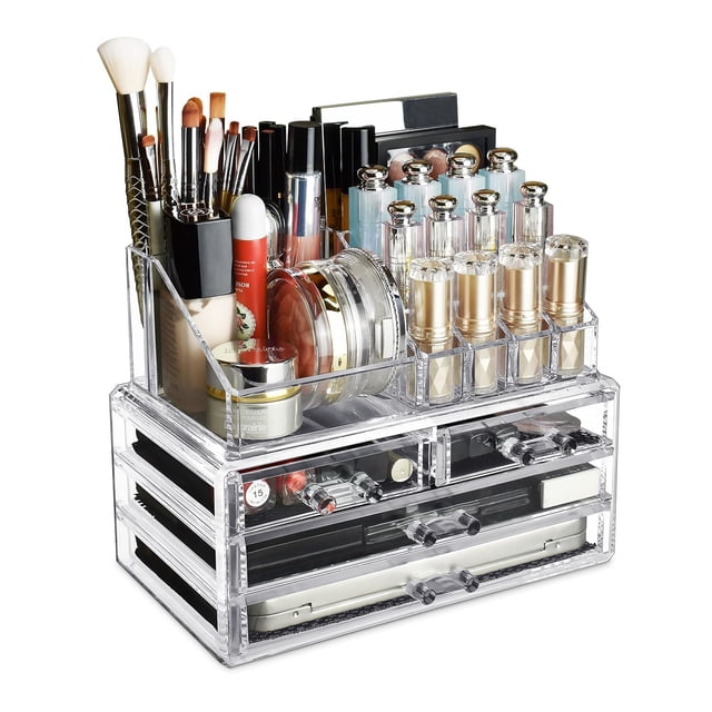 Ikee Design Organizador de maquillaje acrílico con 4 cajones y soportes para pintalabios superiores extraíbles, ideal para maquillaje o accesorios, mejora tu tocador o baño con un diseño transparente
